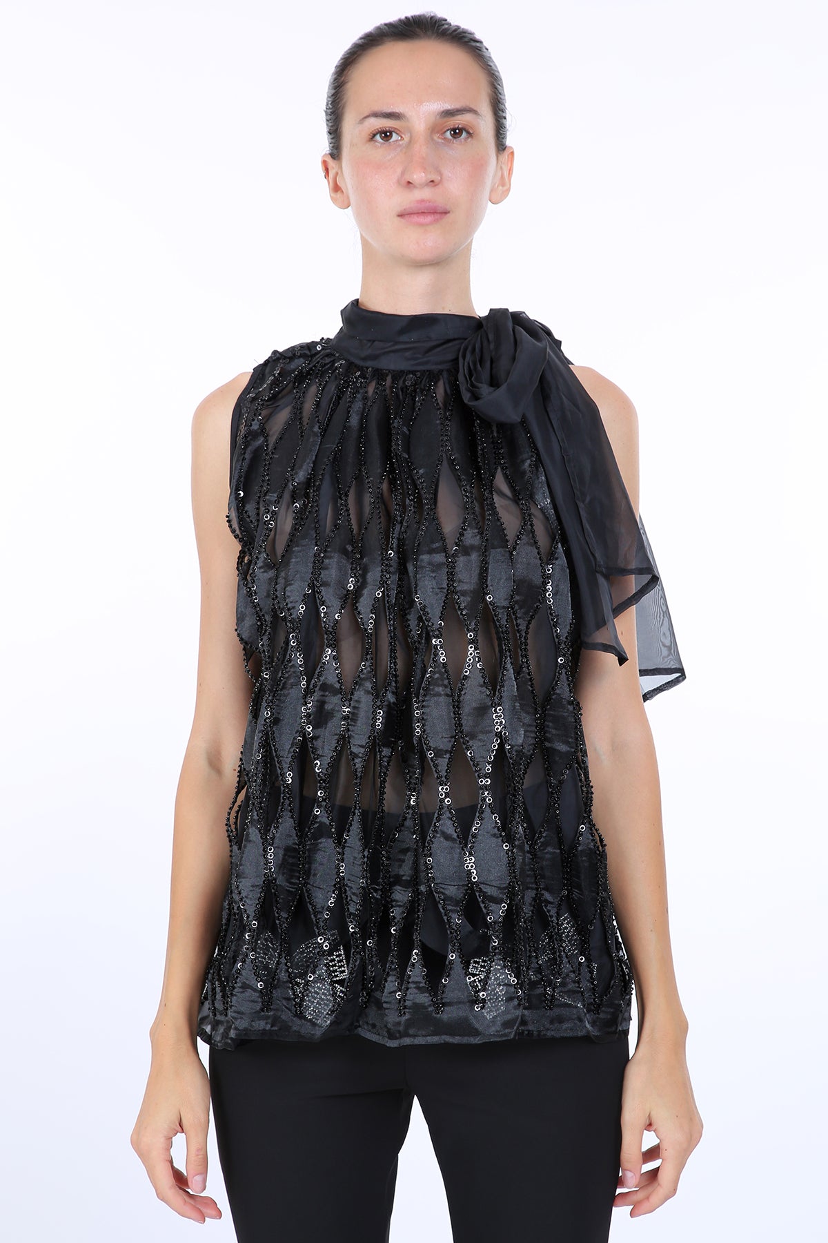 Arabella Sequined Trim Oval Cut Detail Sleeveless Sheer Top - Shop Beulah Style