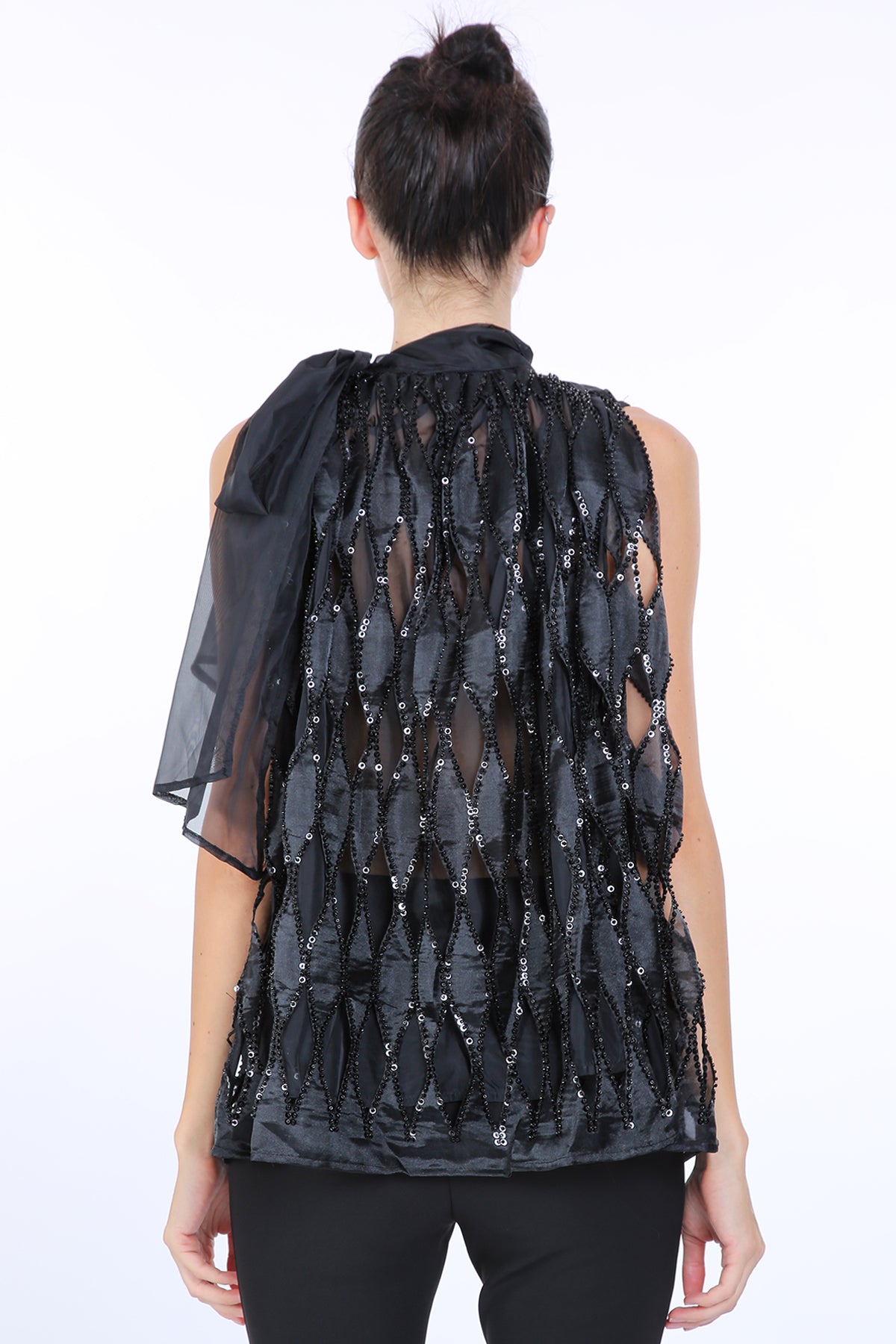 Arabella Sequined Trim Oval Cut Detail Sleeveless Sheer Top - Shop Beulah Style