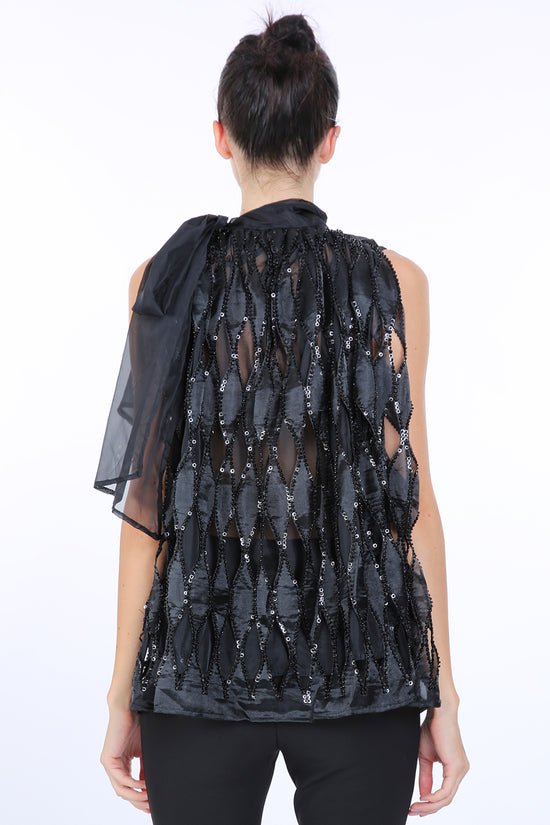 Arabella Sequined Trim Oval Cut Detail Sleeveless Sheer Top - Shop Beulah Style