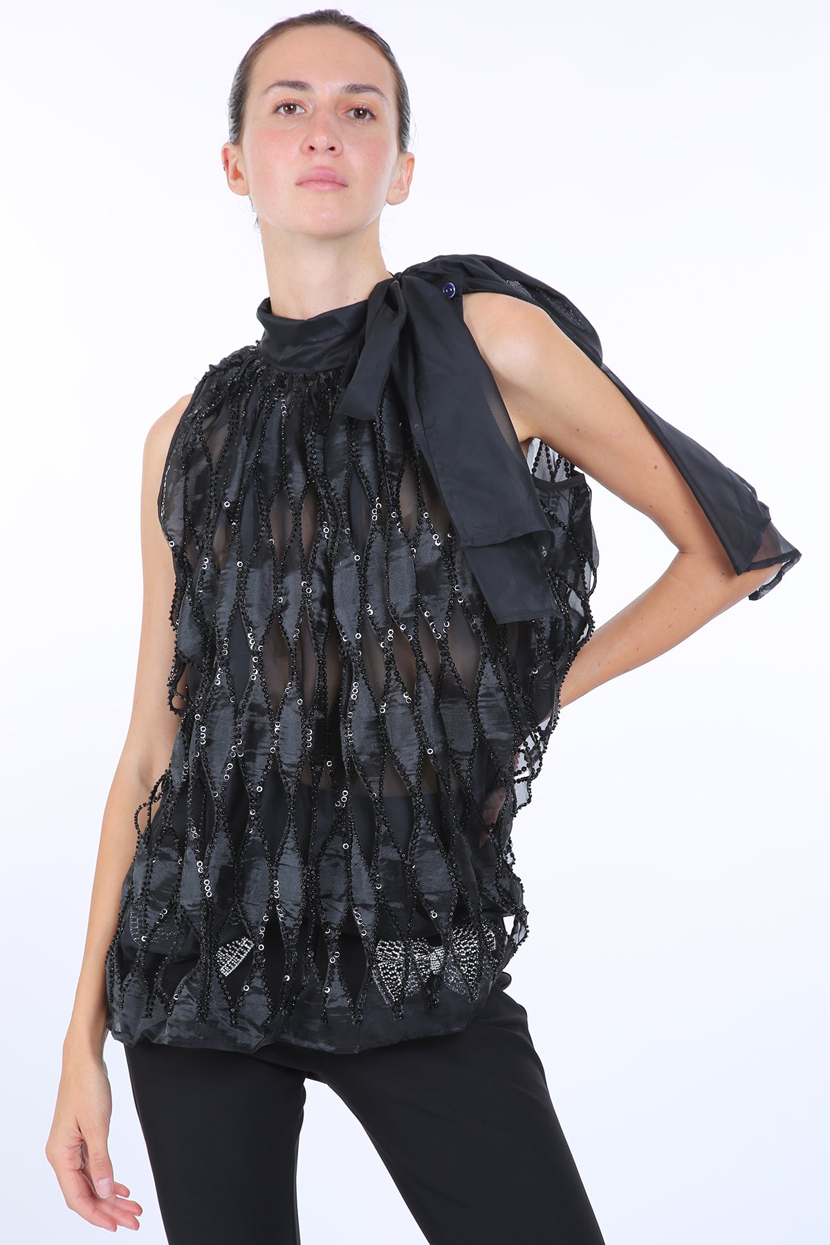 Arabella Sequined Trim Oval Cut Detail Sleeveless Sheer Top - Shop Beulah Style
