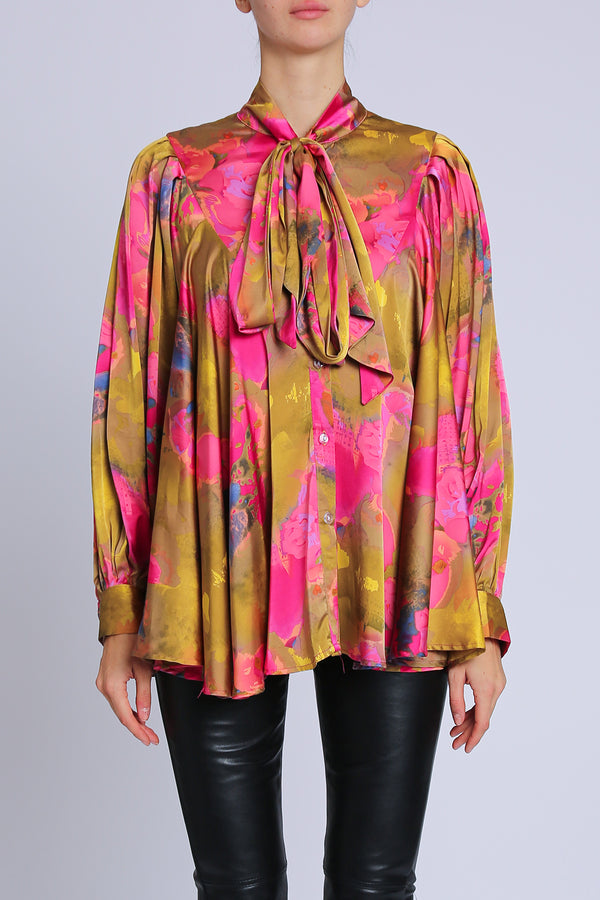 Casca Floral Printed Neck Bowtie Ruffled Satin Blouse - Shop Beulah Style