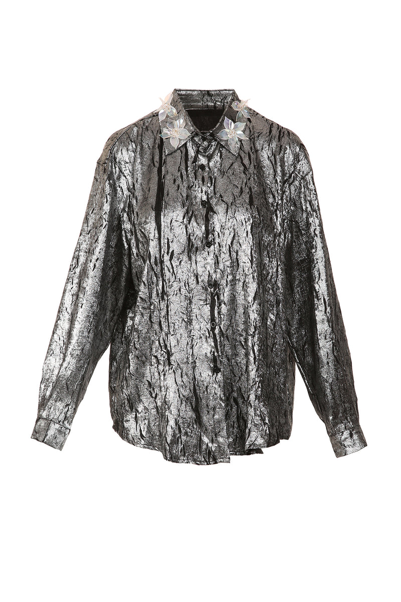 Denny Glossy Crinkle Textured Embellished Blouse - Shop Beulah Style