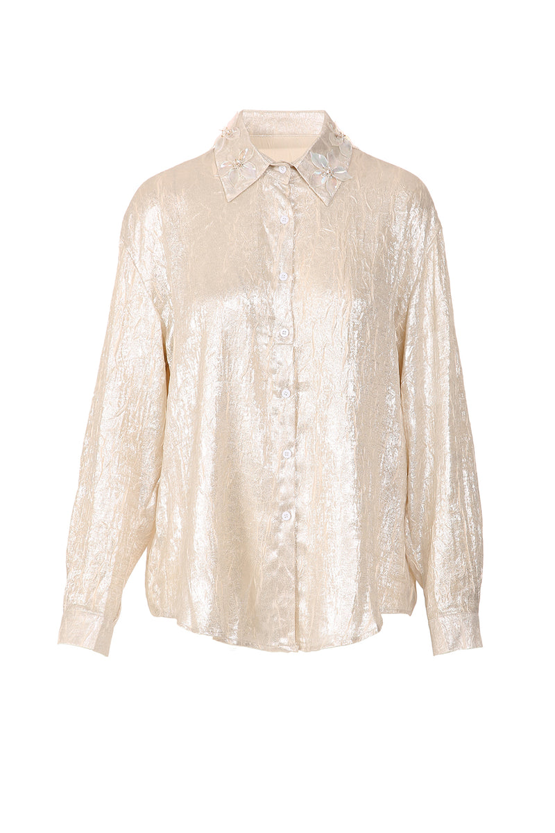 Denny Glossy Crinkle Textured Embellished Blouse - Shop Beulah Style