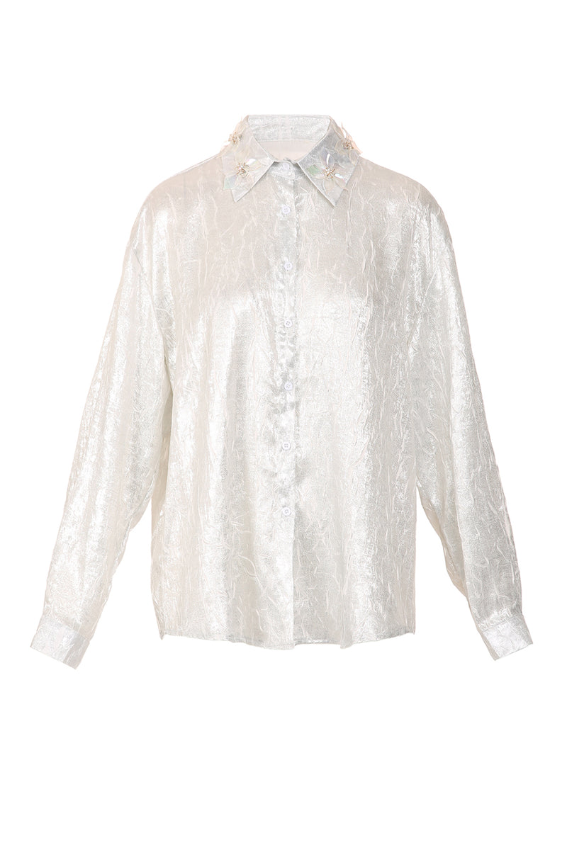 Denny Glossy Crinkle Textured Embellished Blouse - Shop Beulah Style