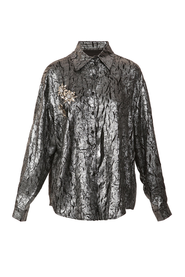 Amaya Glossy Crinkle Textured Floral Applique Blouse - Shop Beulah Style