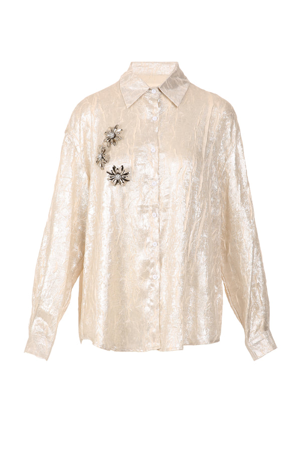 Amaya Glossy Crinkle Textured Floral Applique Blouse - Shop Beulah Style