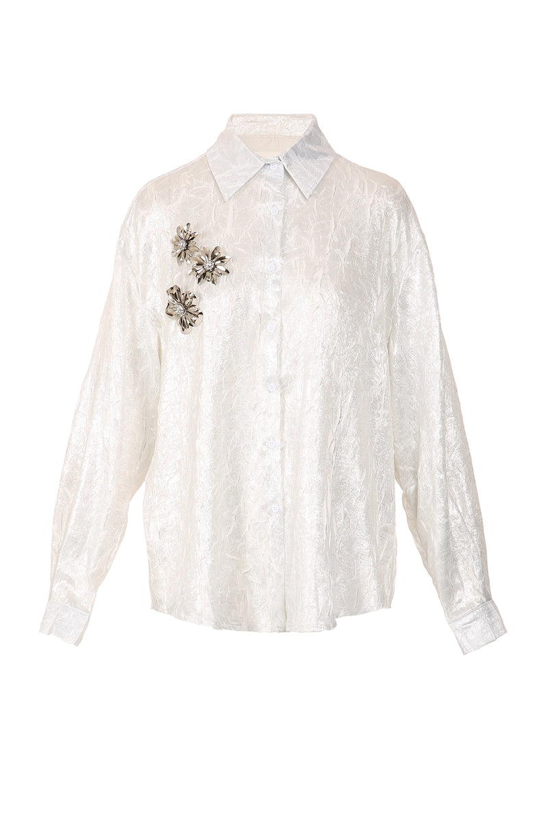 Amaya Glossy Crinkle Textured Floral Applique Blouse - Shop Beulah Style