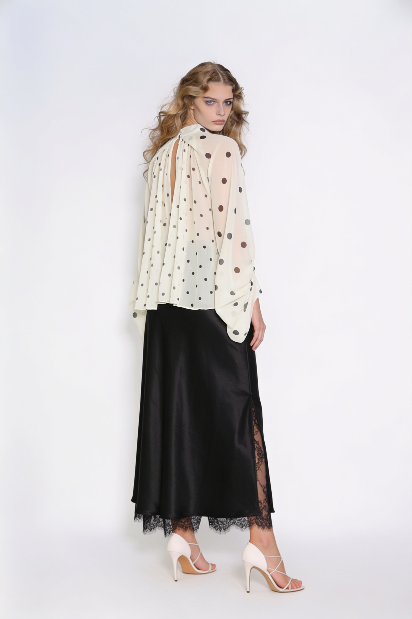 Polka Dot Tie-Neck Sheer Chiffon Blouse