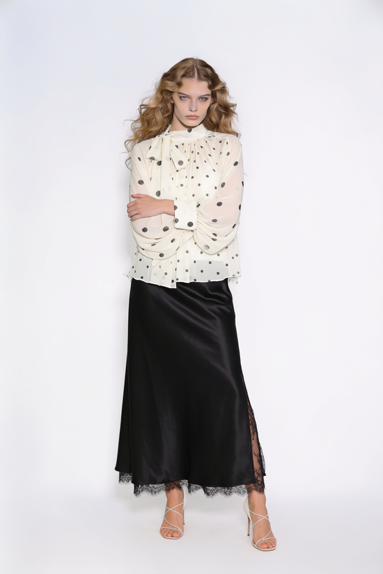 Polka Dot Tie-Neck Sheer Chiffon Blouse