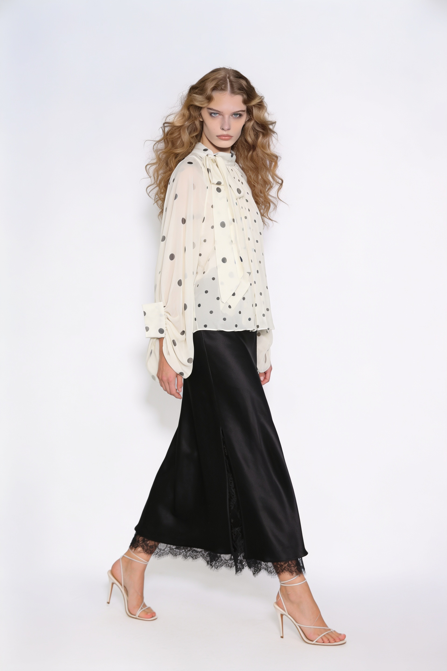 Polka Dot Tie-Neck Sheer Chiffon Blouse