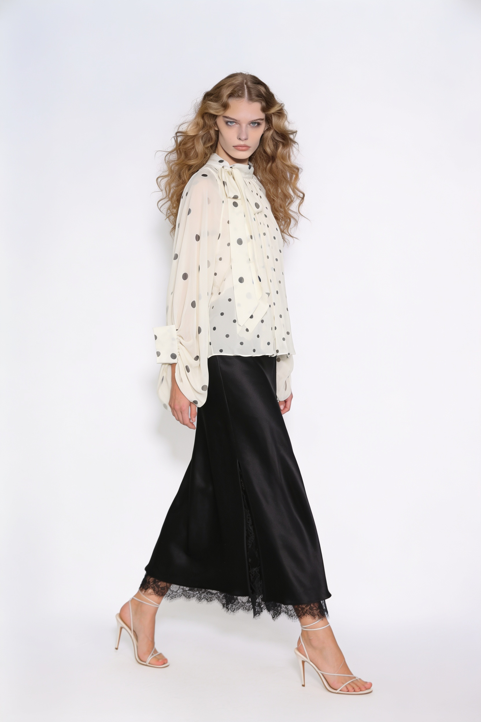Polka Dot Tie-Neck Sheer Chiffon Blouse