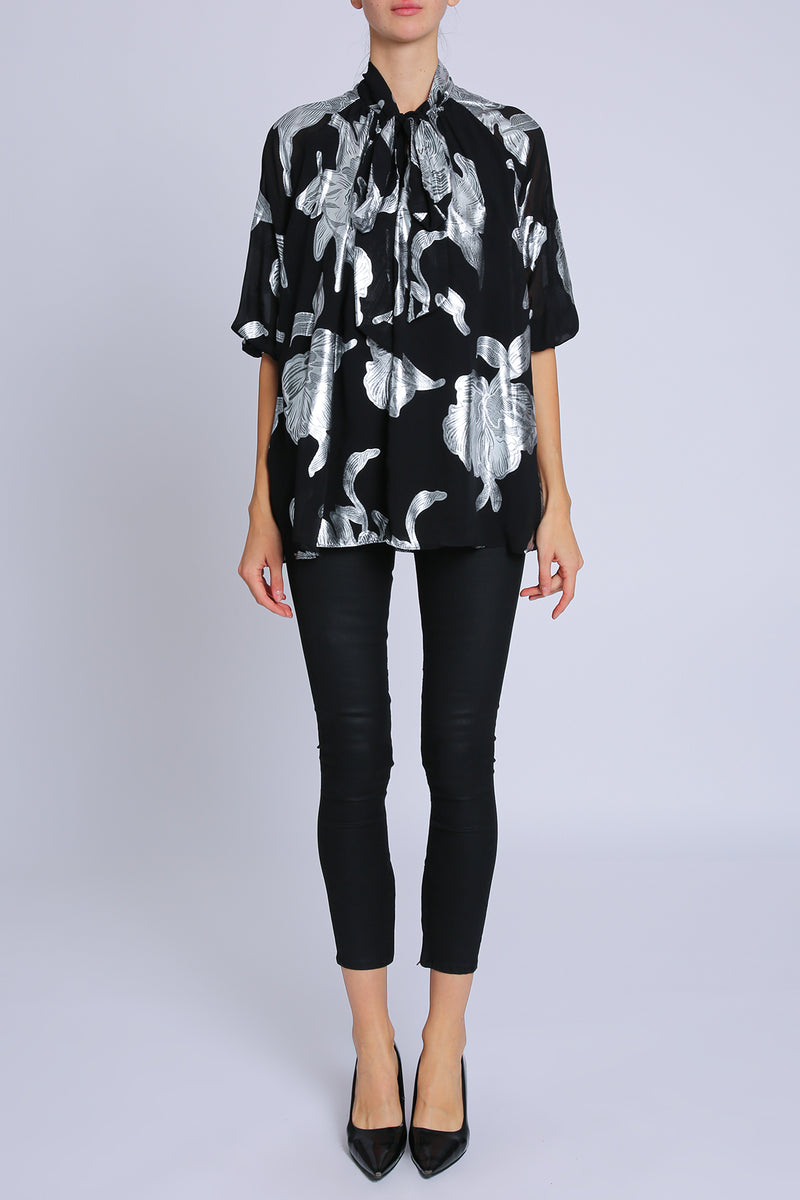 Coby Metallic Foil Floral Printed Bowtie Sheer Blouse - Shop Beulah Style