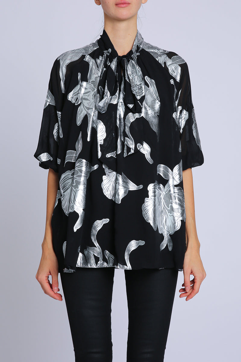 Coby Metallic Foil Floral Printed Bowtie Sheer Blouse - Shop Beulah Style