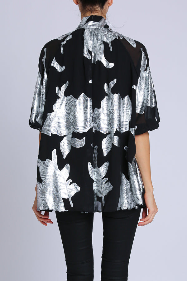 Coby Metallic Foil Floral Printed Bowtie Sheer Blouse - Shop Beulah Style