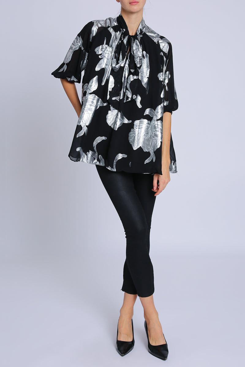 Coby Metallic Foil Floral Printed Bowtie Sheer Blouse - Shop Beulah Style