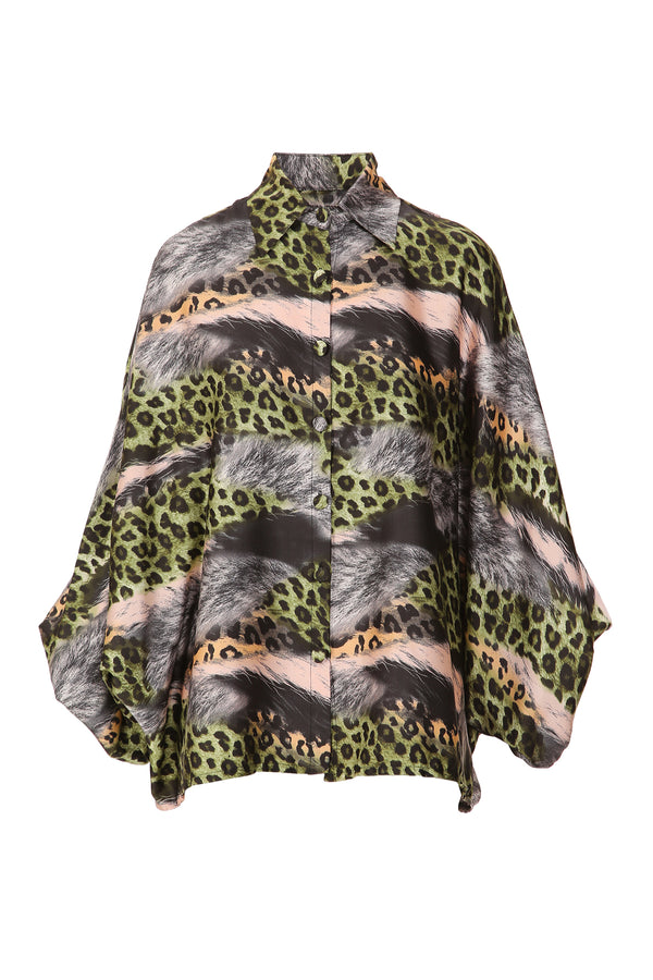 Den Leopard & Fur Printed Satin Blouse