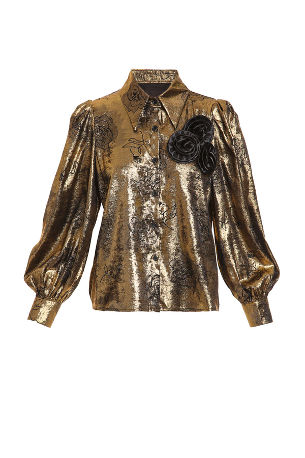 Laura Floral Printed & Corsage Metallic Coated Puff Blouse