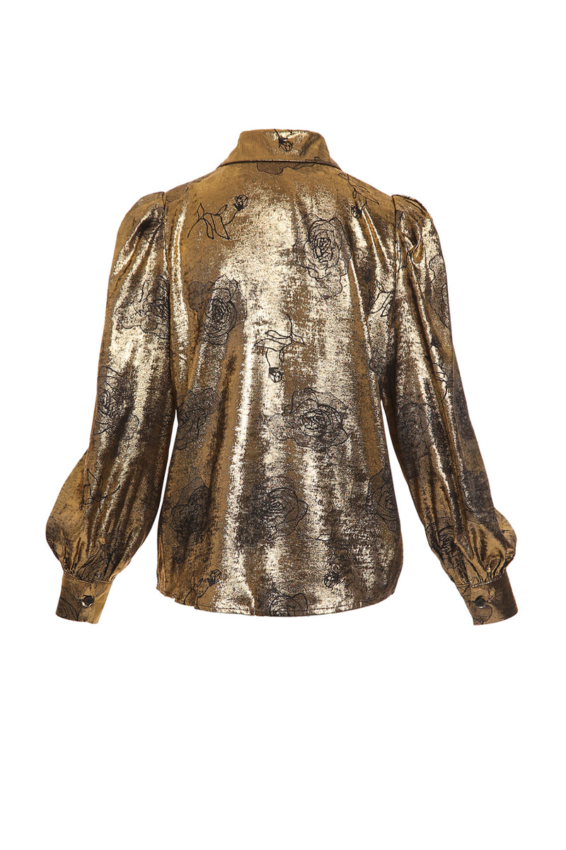 Laura Floral Printed & Corsage Metallic Coated Puff Blouse