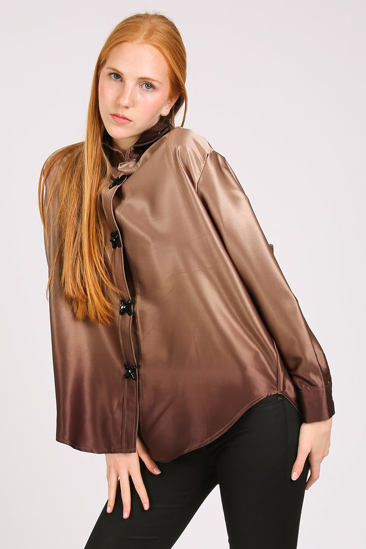 Greta Floral Cross Beaded Glossy Satin Shirt