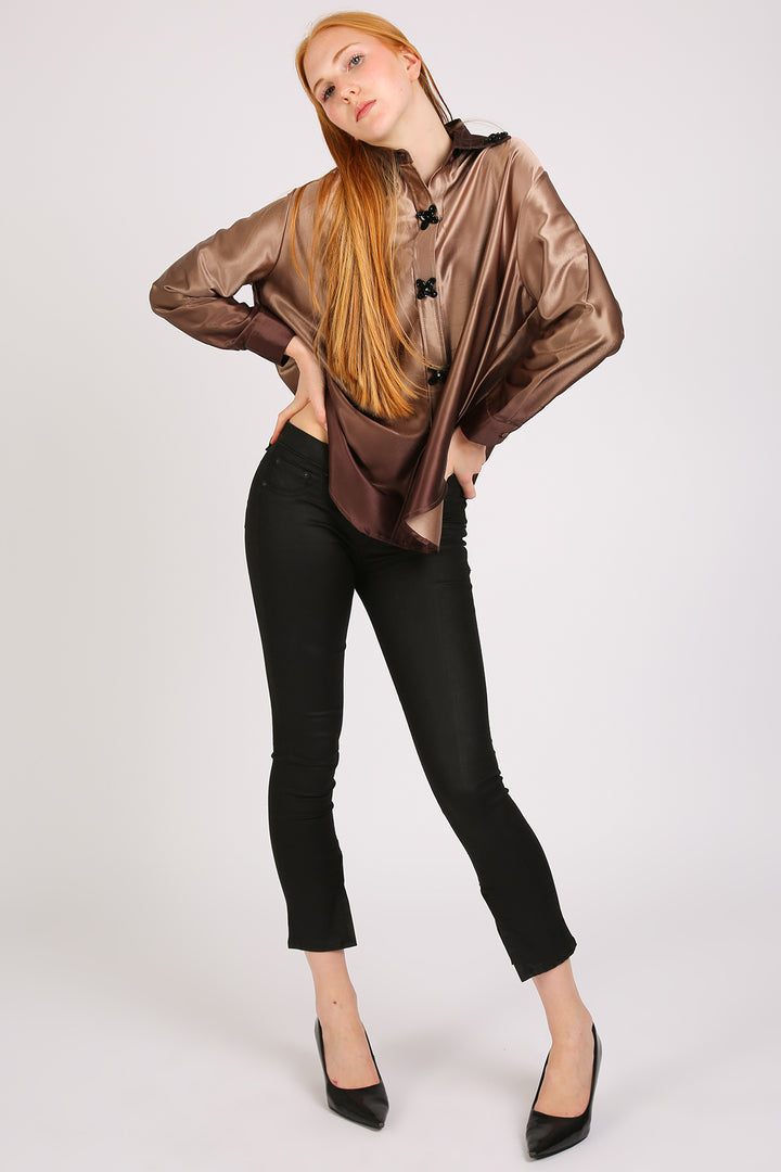 Greta Floral Cross Beaded Glossy Satin Shirt