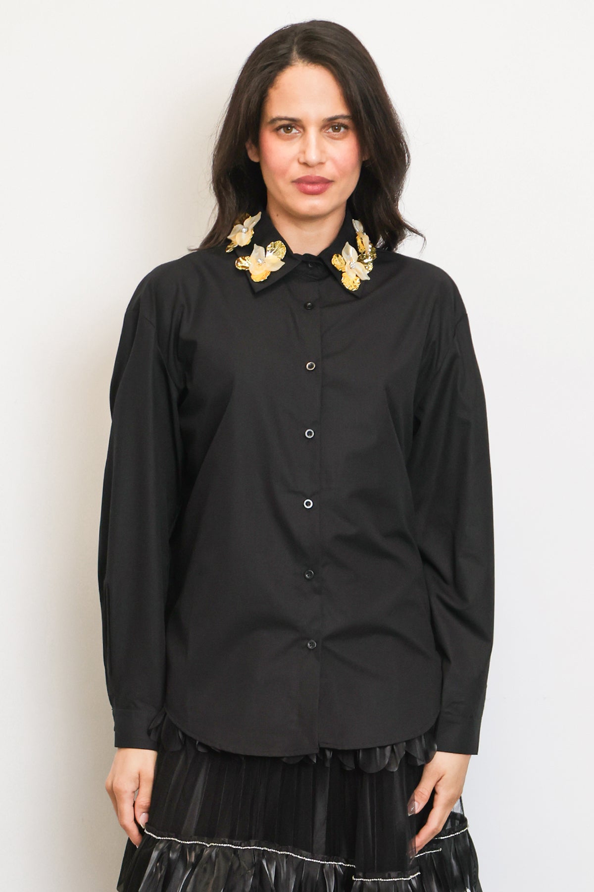 Tiffany Embellished Metallic Floral Applique Collared Shirt - Shop Beulah Style