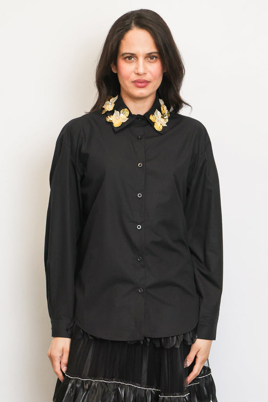Tiffany Embellished Metallic Floral Applique Collared Shirt - Shop Beulah Style