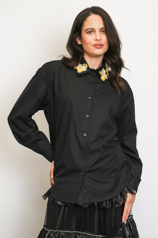 Tiffany Embellished Metallic Floral Applique Collared Shirt - Shop Beulah Style