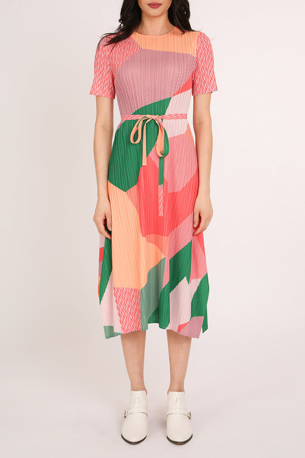 Iris Modern Abstract Print Pleats Belted Midi Dress - Shop Beulah Style