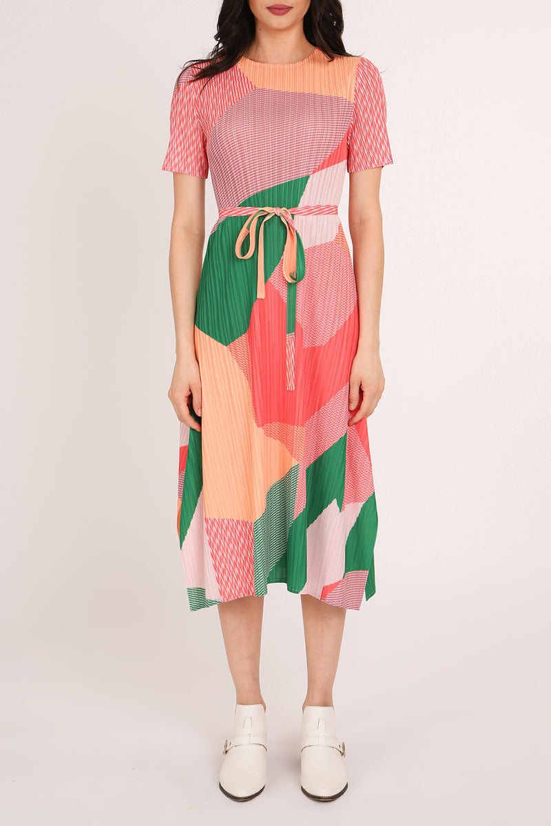 Iris Modern Abstract Print Pleats Belted Midi Dress - Shop Beulah Style