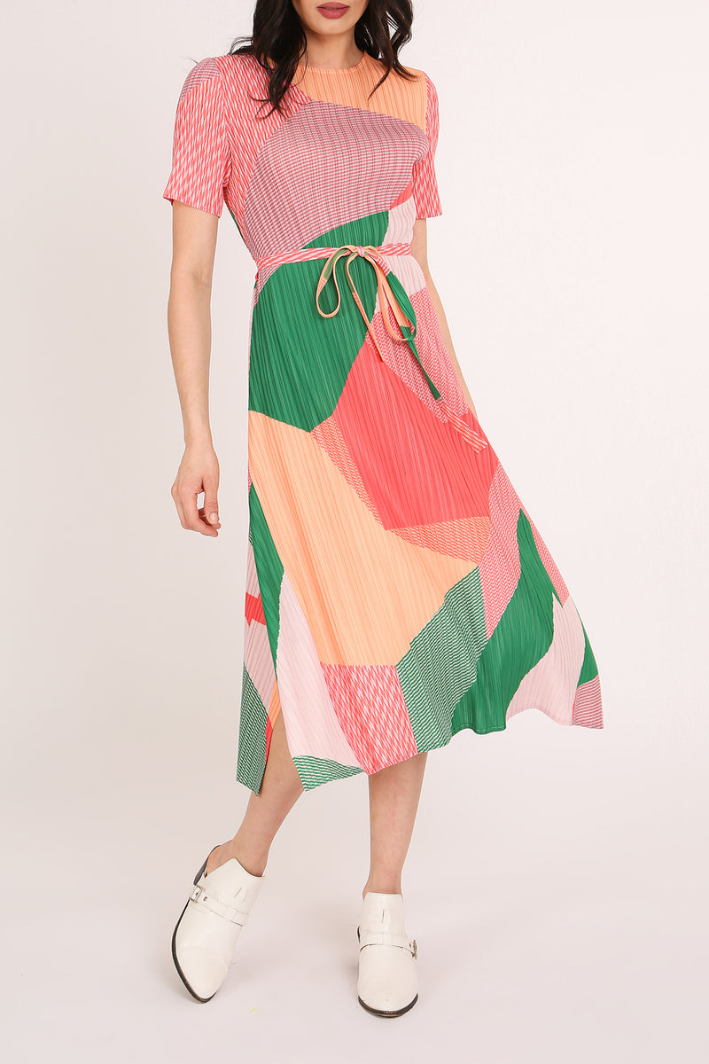 Iris Modern Abstract Print Pleats Belted Midi Dress - Shop Beulah Style