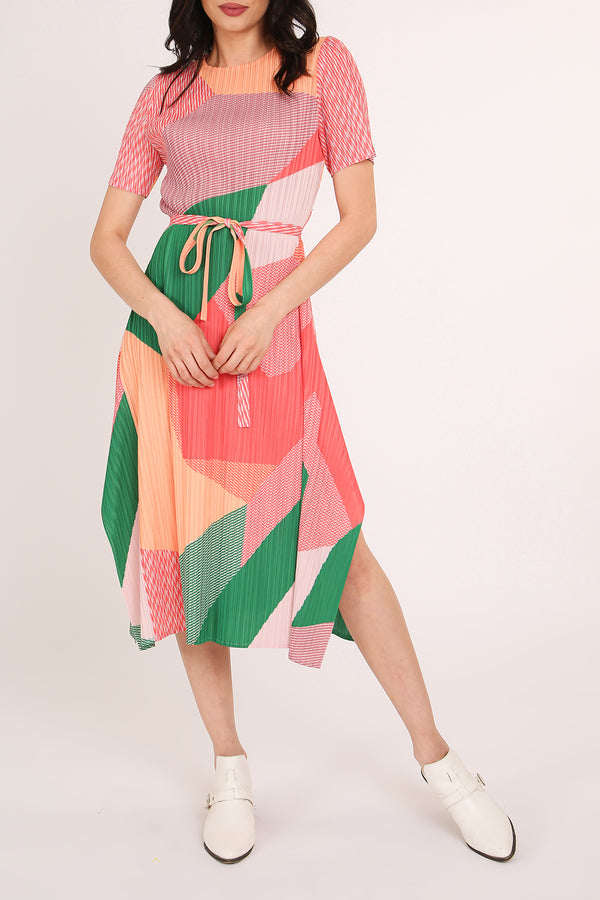 Iris Modern Abstract Print Pleats Belted Midi Dress - Shop Beulah Style