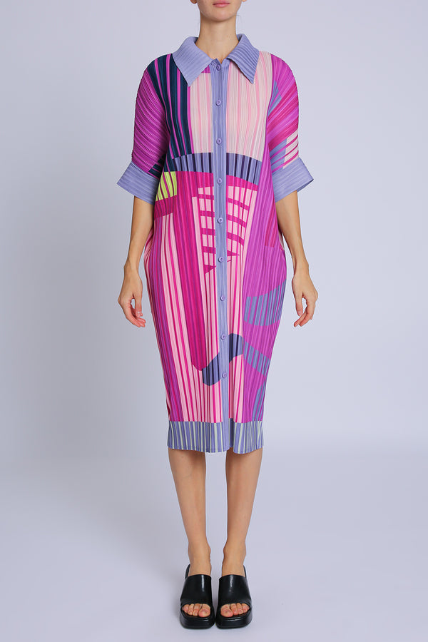 Brittany Modern Abstract Print Pleated Midi Shirt Dress - Shop Beulah Style