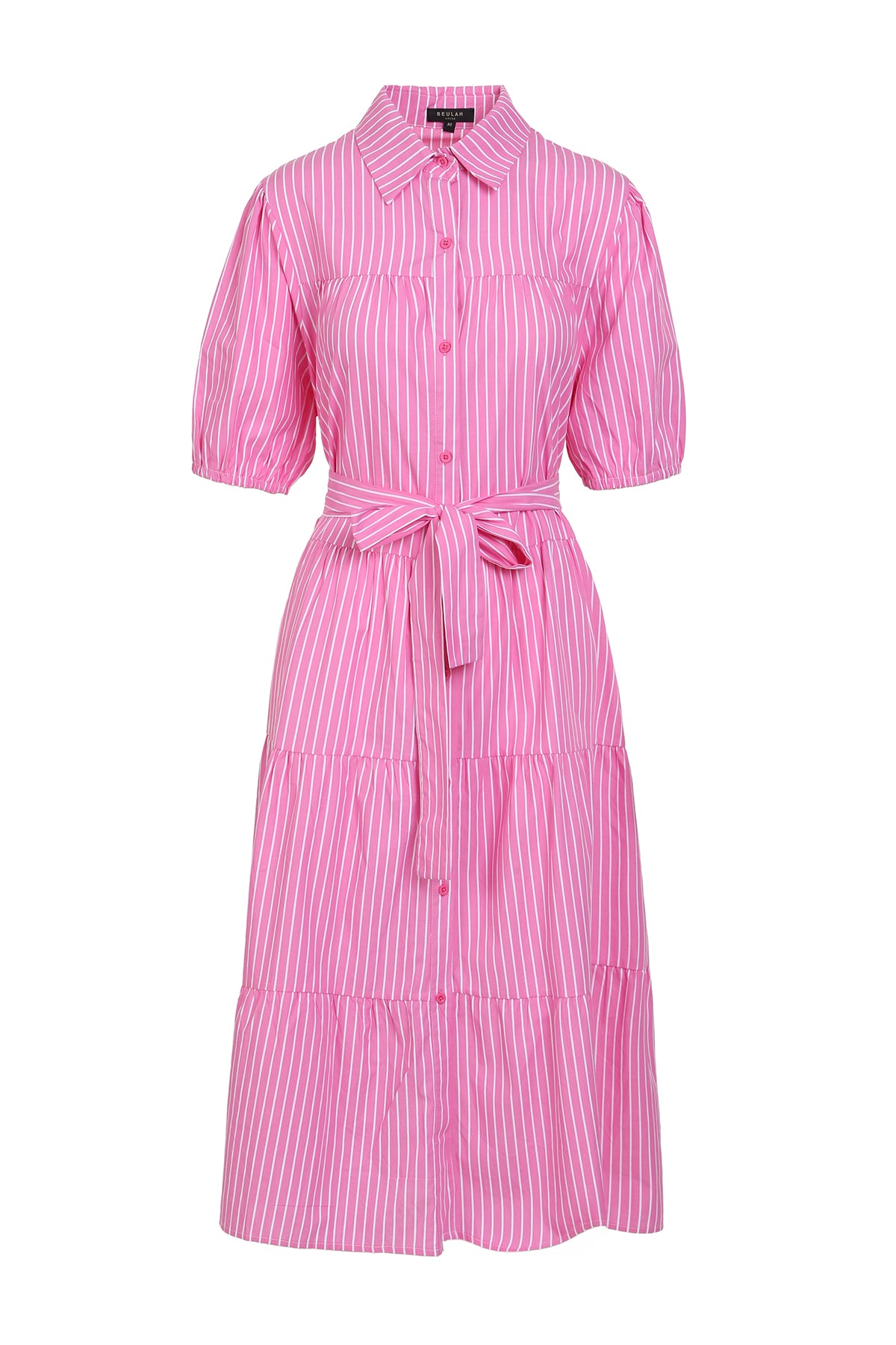 Noel Stripe Pattern Tiered Hem Belted Maxi Shirt Dress - Shop Beulah Style