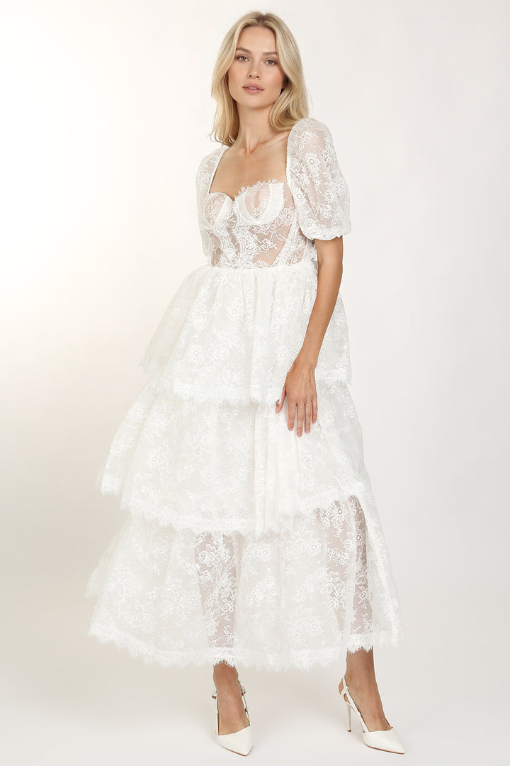 Sana Embroidered Mesh Sweetheart Tiered Maxi Dress - Shop Beulah Style