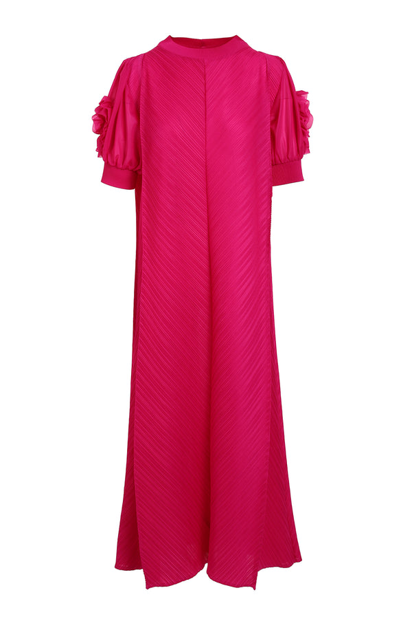 Hector Ruffled Floral Applique Detail Pleat Maxi Dress