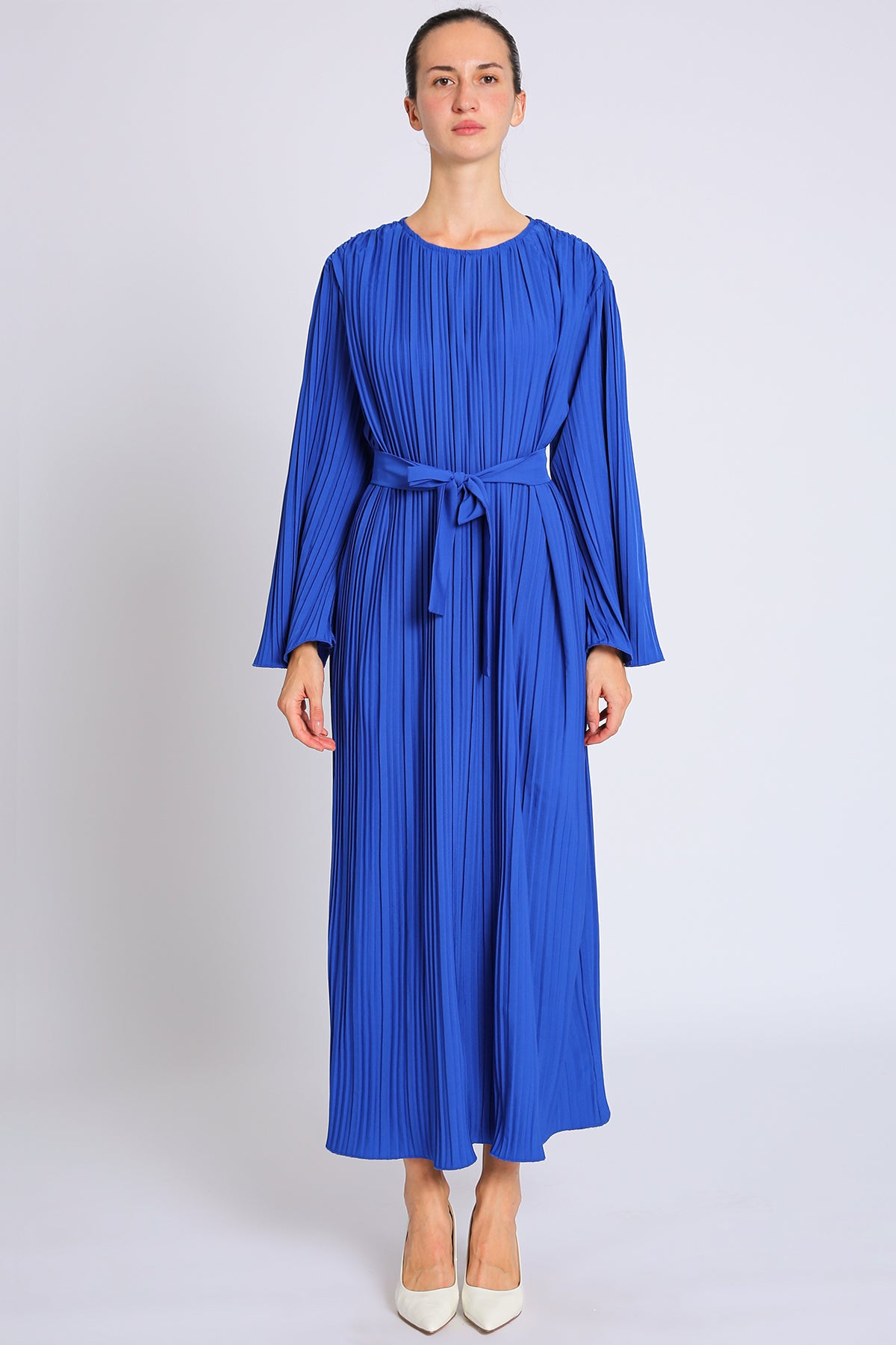 Ned Belted Accordion Pleat Flared Maxi Dress