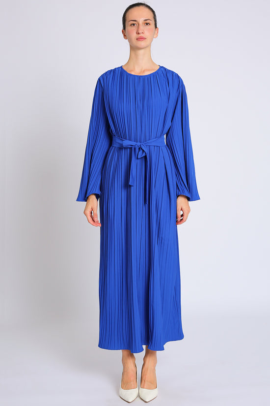 Ned Belted Accordion Pleat Flared Maxi Dress