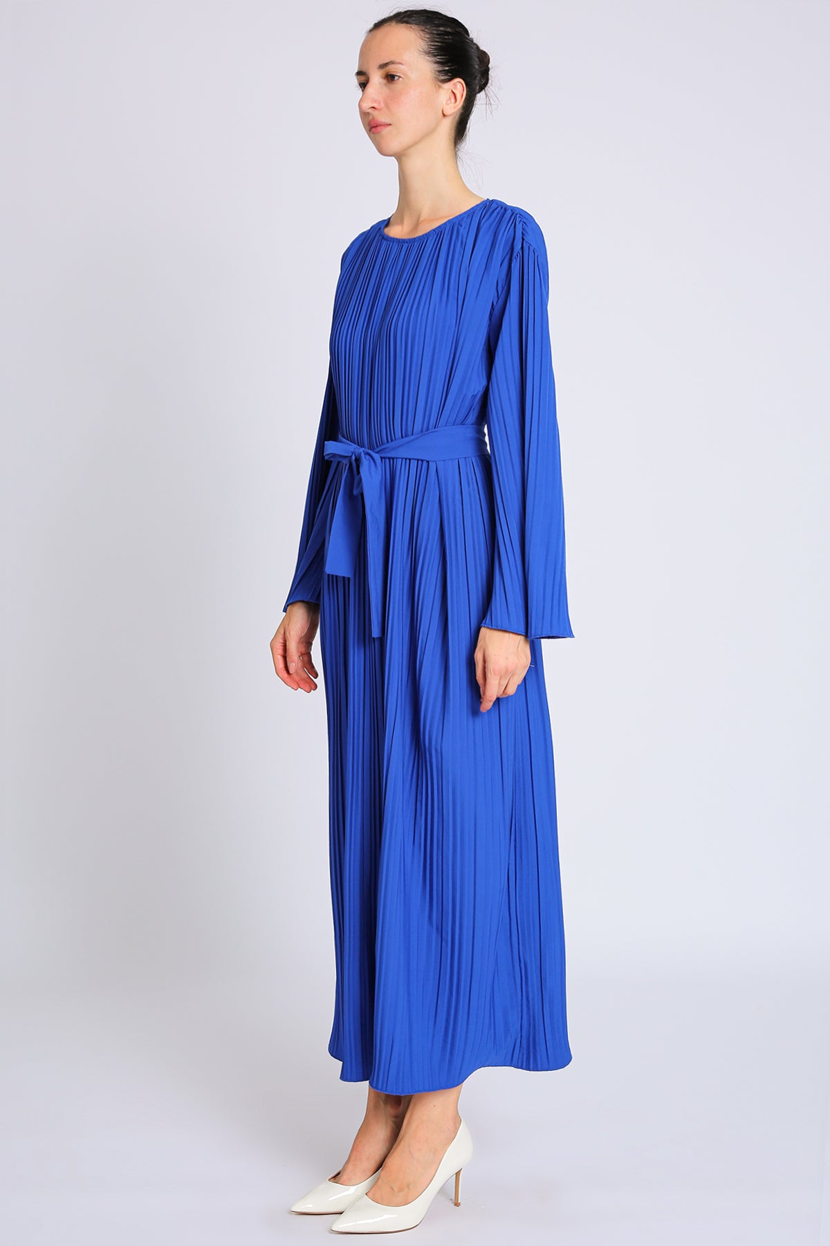 Ned Belted Accordion Pleat Flared Maxi Dress