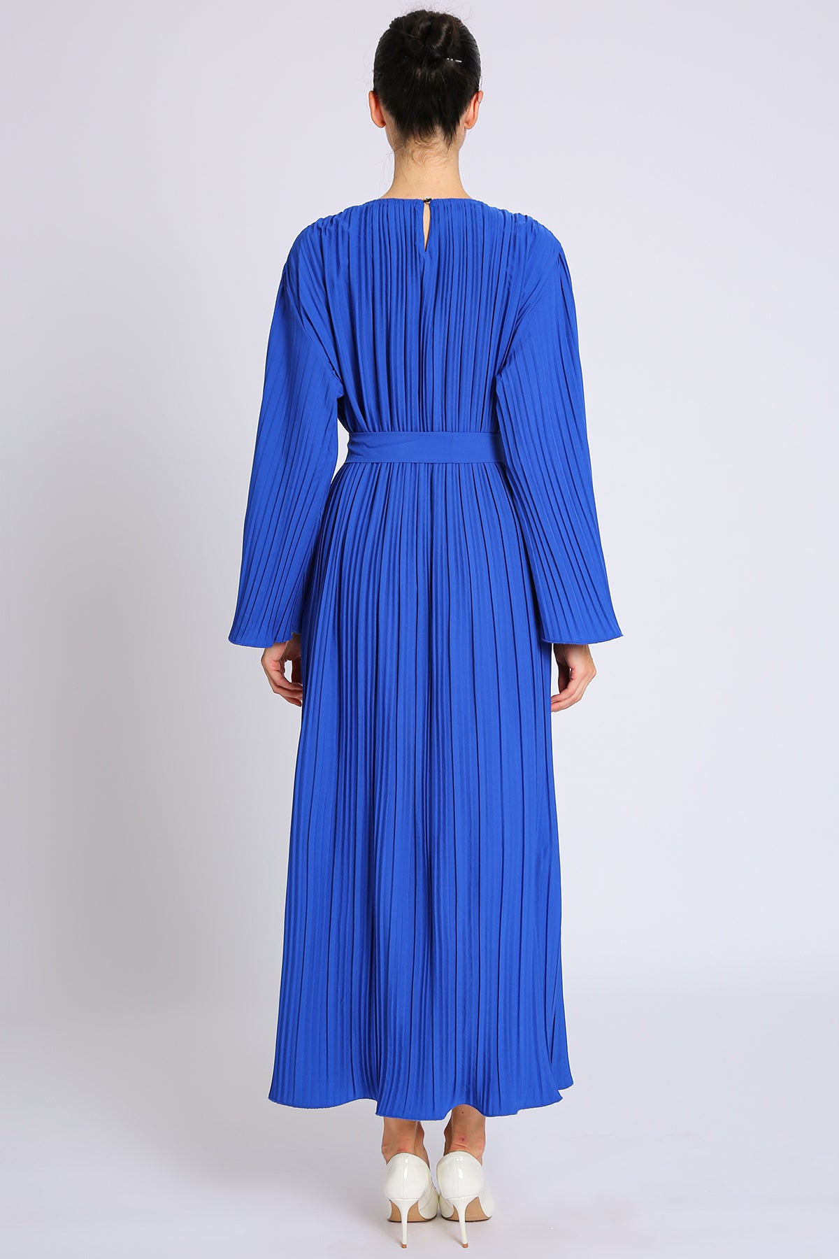 Ned Belted Accordion Pleat Flared Maxi Dress