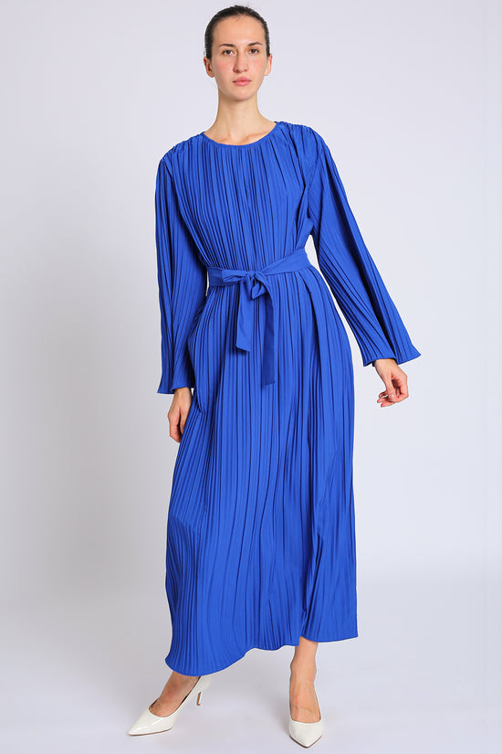 Ned Belted Accordion Pleat Flared Maxi Dress
