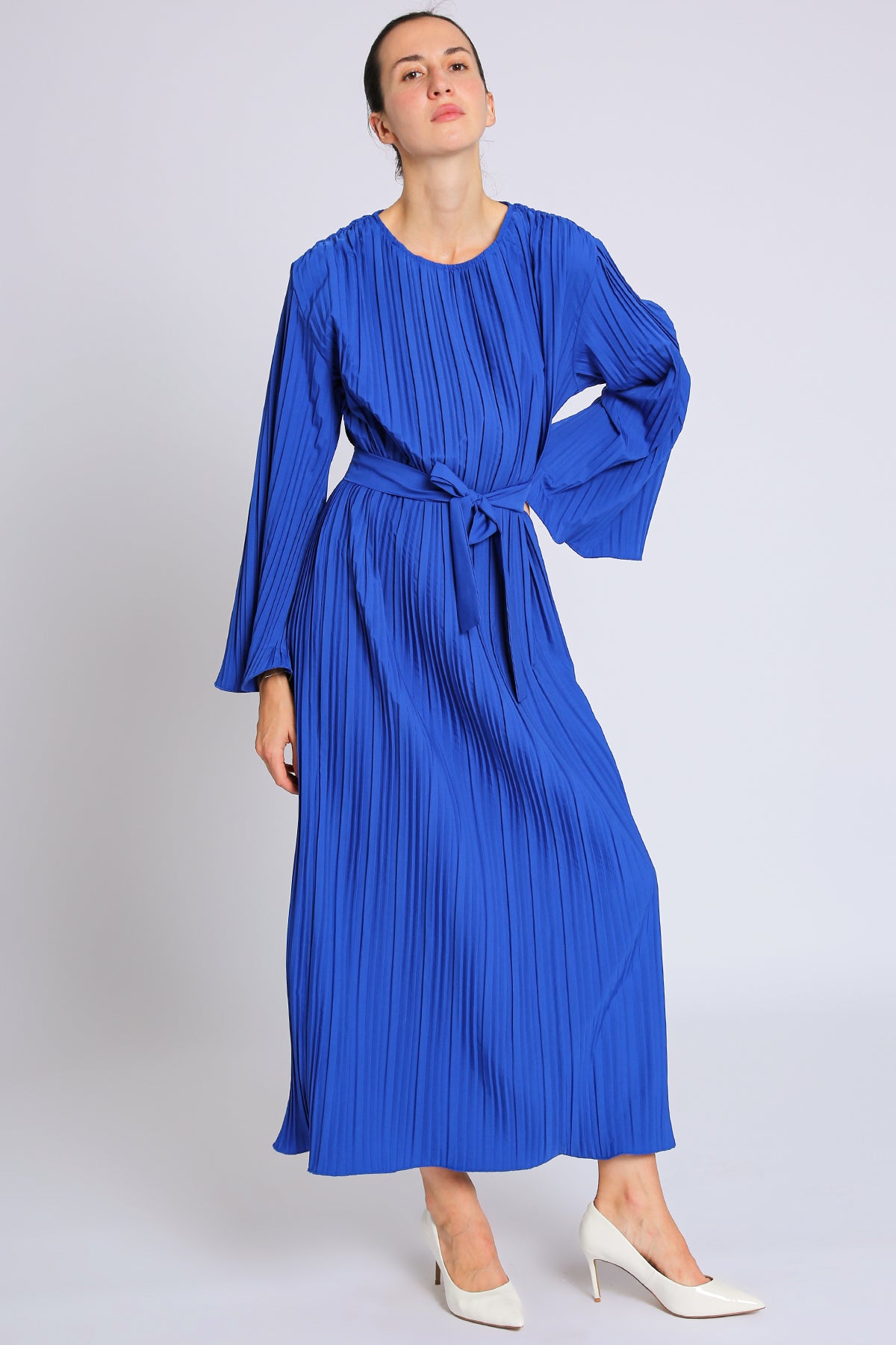 Ned Belted Accordion Pleat Flared Maxi Dress