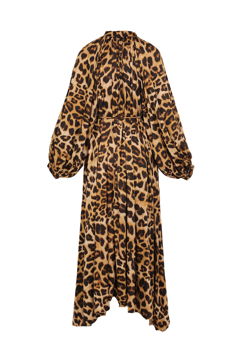 June Leopard Print Satin Pleats Belted Maxi Dress