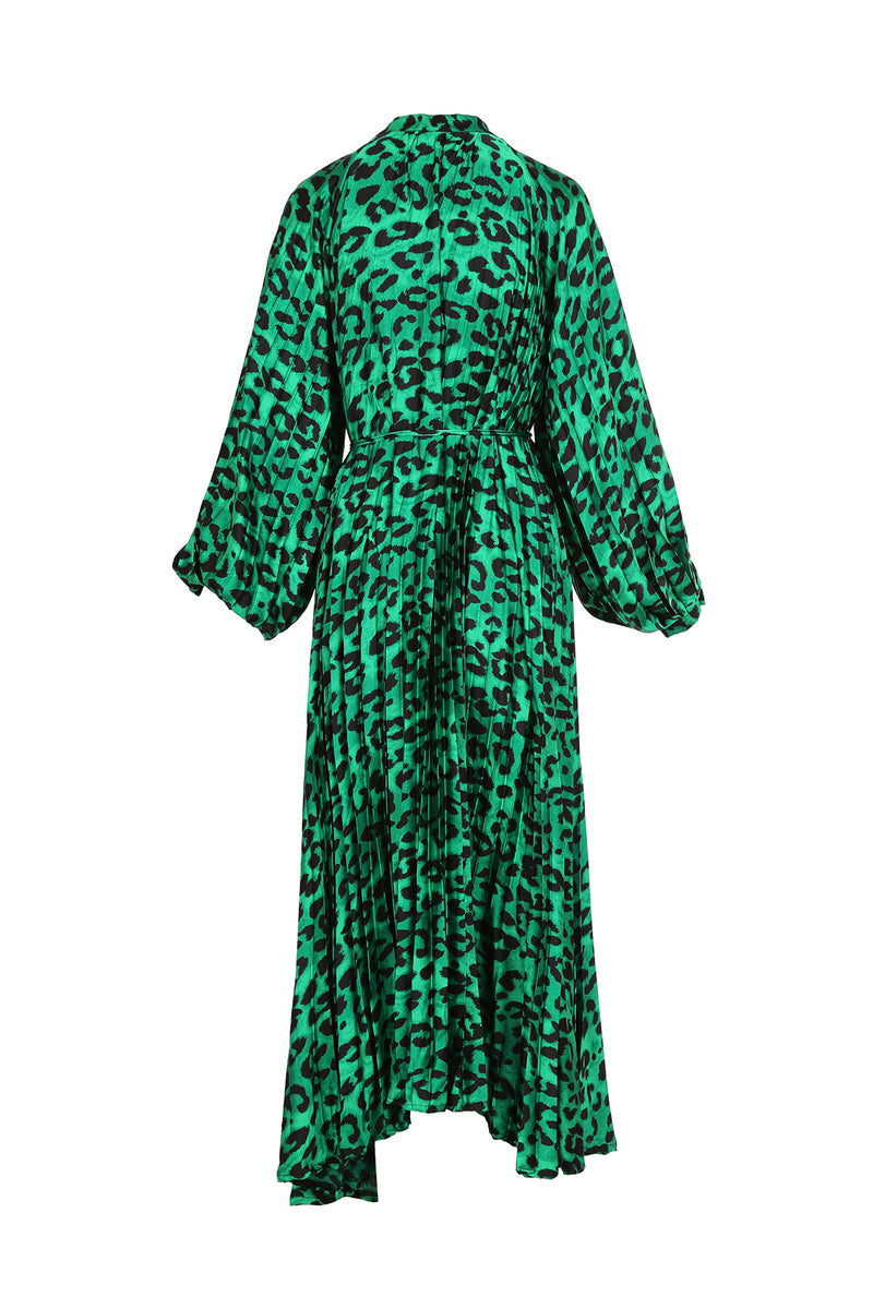 June Leopard Print Satin Pleats Belted Maxi Dress