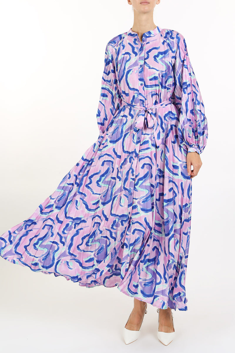 Cale Abstract Print Pleat Belted Maxi Dress - Shop Beulah Style