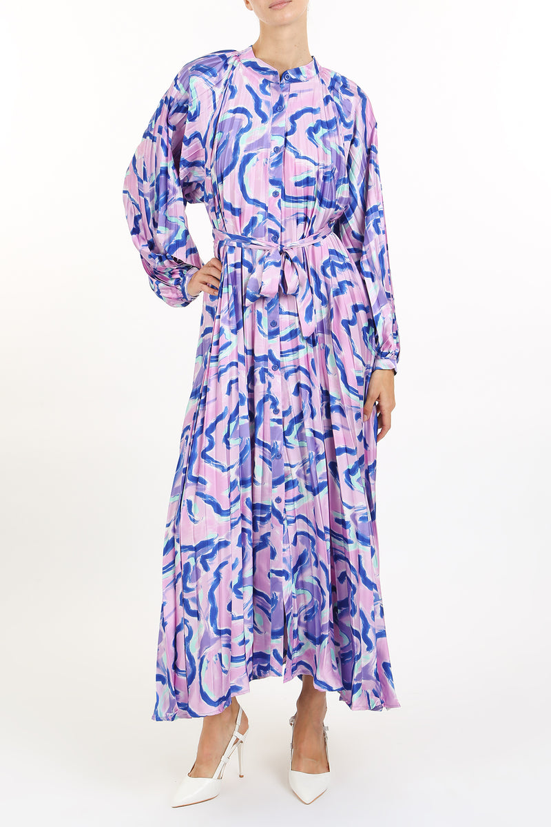 Cale Abstract Print Pleat Belted Maxi Dress - Shop Beulah Style