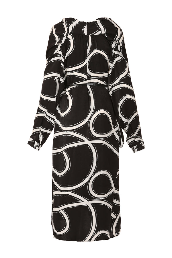 Decker Contrast Geometric Print Belted V-Neck Midi Dress