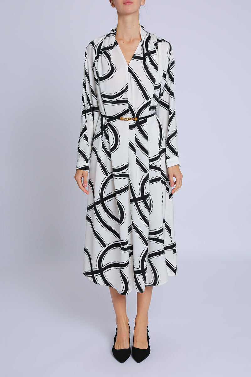 Decker Contrast Geometric Print Belted V-Neck Midi Dress