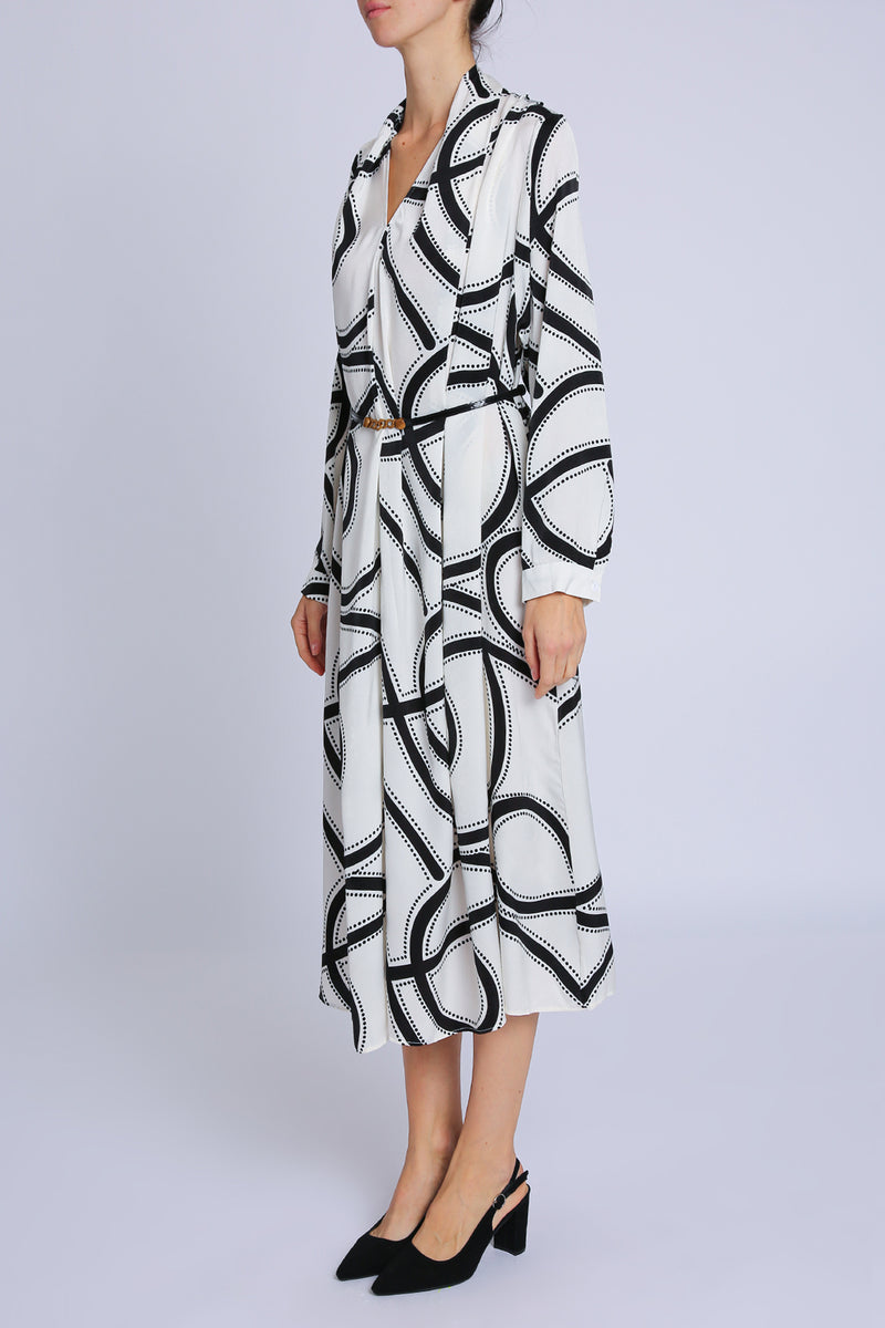 Decker Contrast Geometric Print Belted V-Neck Midi Dress