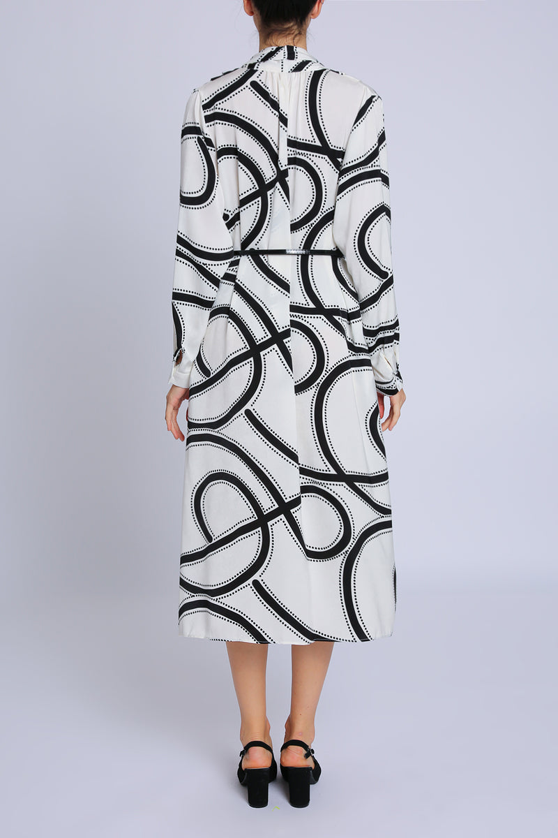 Decker Contrast Geometric Print Belted V-Neck Midi Dress