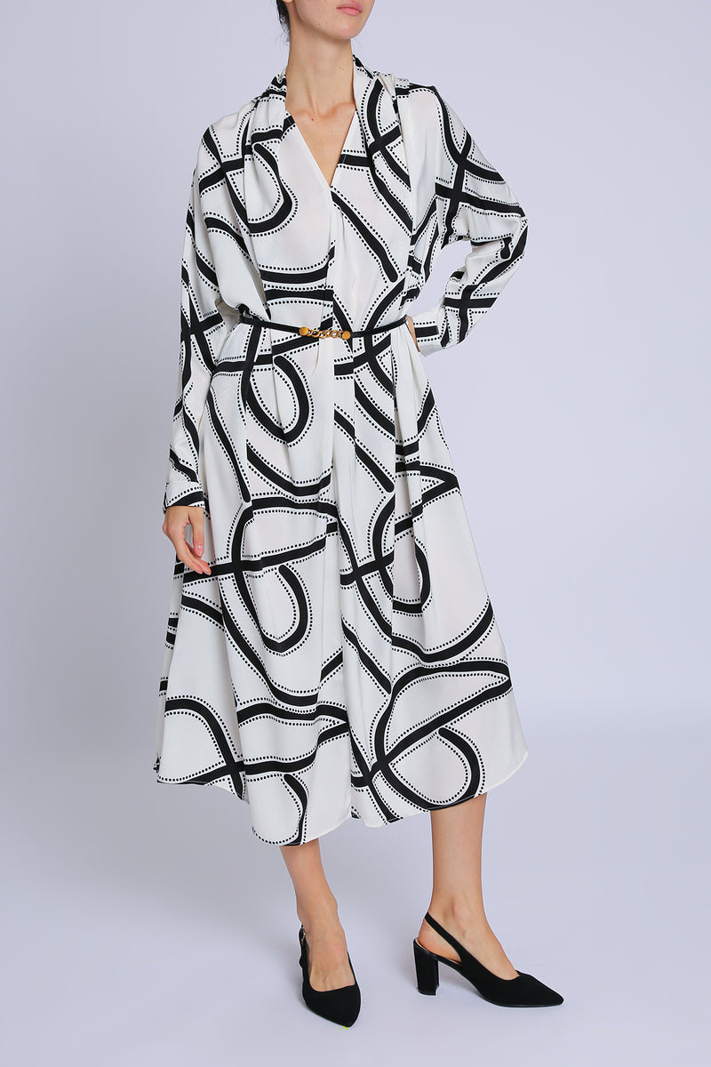 Decker Contrast Geometric Print Belted V-Neck Midi Dress